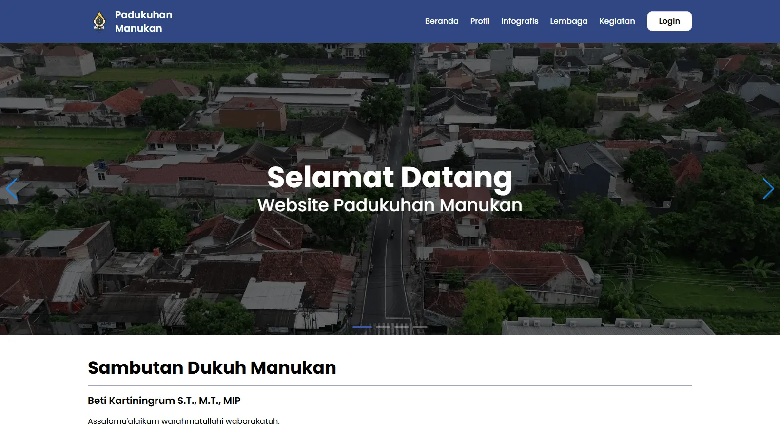 Padukuhan Manukan home page with an aerial photograph of the hamlet and a welcome message from the village head